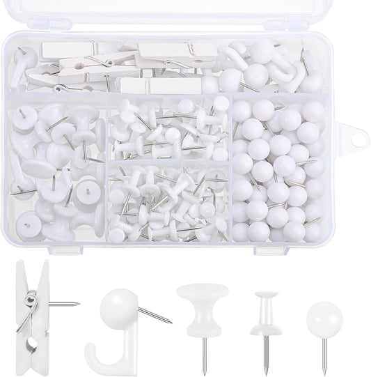 BESARME 200 Pieces Push Pins Set, 5 Types White Thumb Tacks Cute Decorative Push Pins for Wall Cork Board Bulletin Boards with Storage Box