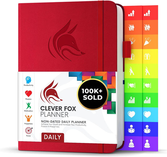 Clever Fox Daily Planner – Undated Planning Notebook with Hourly Schedule & To-Do List – Personal Day Task & Work Organizer, 6 Months (Red)