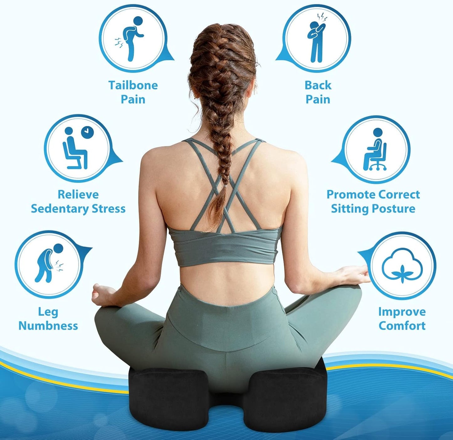 BlissTrends Seat Cushion,5.2in Thick Memory Foam Cushions for Office Chair, Car Seat, Airplane, Relieving Pressure Tailbone Sciatica Back Pain for Long Sitting Office Workers, Car Drivers Black