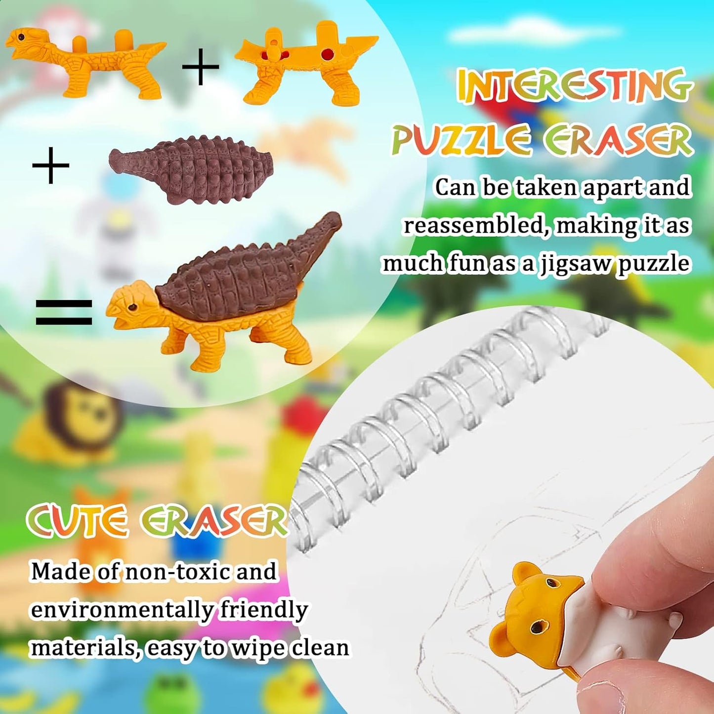 120Pcs Animal Erasers Bulk Cute Food Erasers Desk Pets Kids Puzzle Eraser Take Apart Cool 3D Eraser Mini Fun Party Favors for School Supplies Classroom Rewards Easter Egg Fillers Gifts