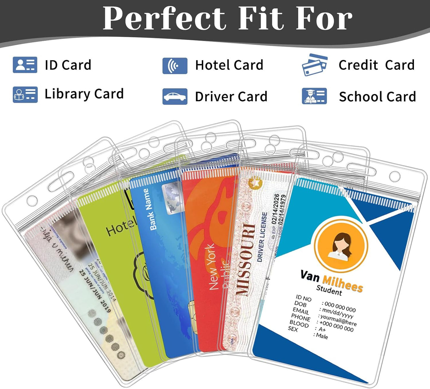 60 Pack Badge Holder, Plastic ID Badge Holder, Clear Waterproof ID Card Holder with Resealable Zip, 2.5" x 3.8" Vertical Name Tag Holder for Nurses and Office, Fits ID Card/Credit Card/Student Card