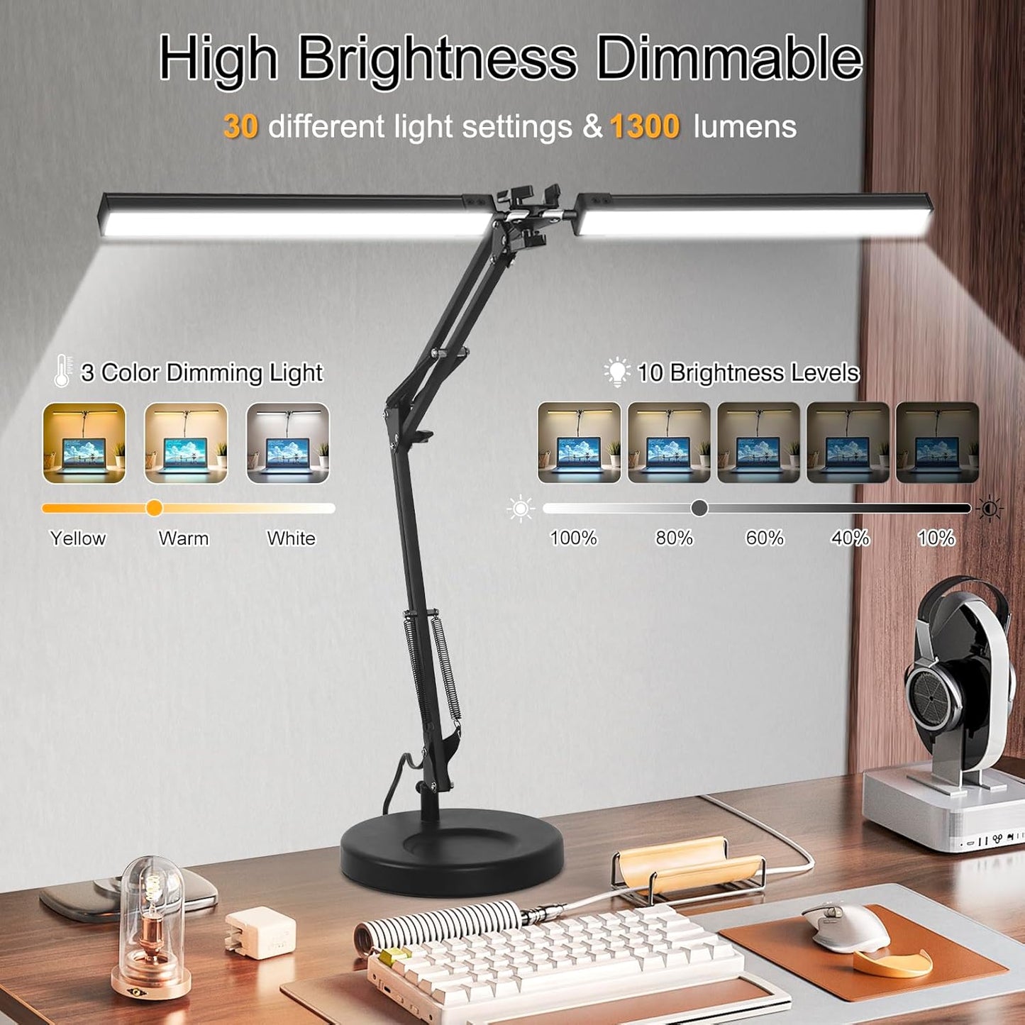 2-in-1 LED Desk Lamp, 24W Brightestwith Table Lamp with Clamp, Desk Light with Flexible Swing Arm,3 Color Modes Stepless Dimmable Double Head Architect Desk Lamps for Home Office Workbench Reading