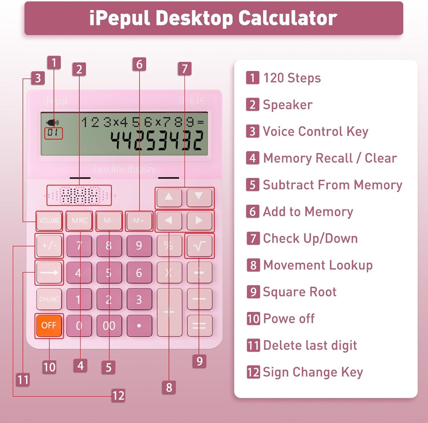 Calculators Desktop, Desk Calculator with Large 2 Line Display, Talking Basic Calculator with big Button & Adjustable Volume, 4 Function Calculators for Business, Students,School Office Supplies(Pink)