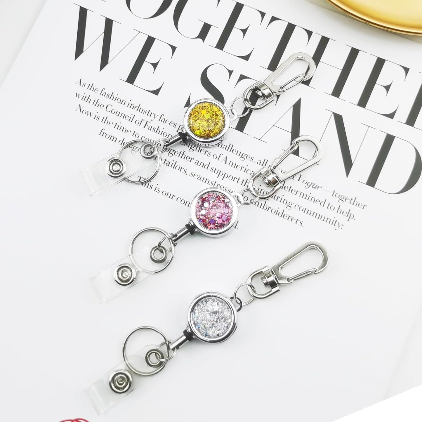 bolimoss Glittery Retractable Badge Reel, ID Name Badge Holder Reels,Cute Metal Badge Reel Card Holder with Key Ring for Office Workers, Nurses, Volunteer, Teachers, Students(3 Pack Silver)