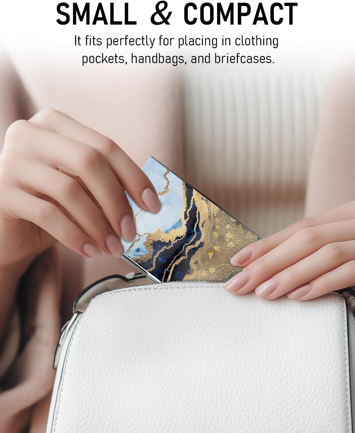 Business Card Metal Slim Organizer, Professional Stainless Steel Square Pocket Wallet for Office Workers, Compact and Portable for Pockets (Gold Black Marble)