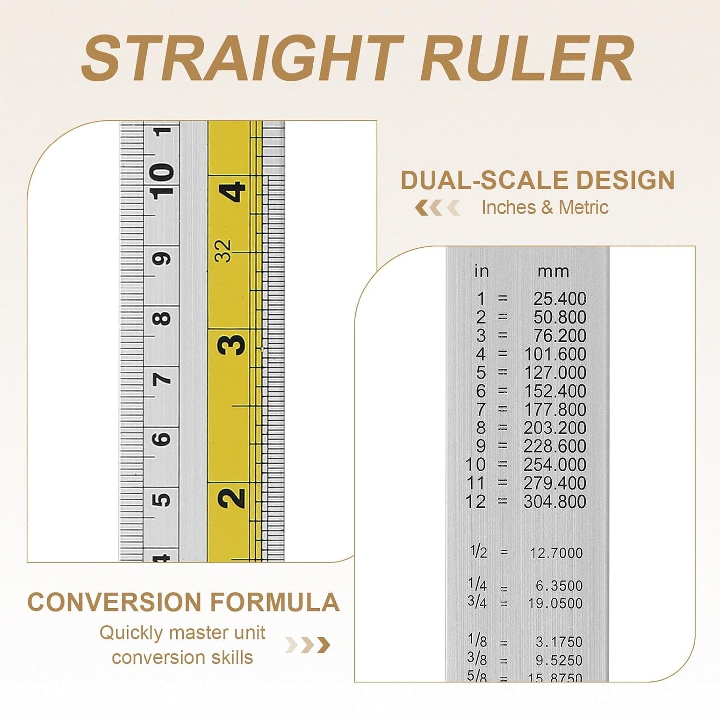 HARFINGTON 2pcs Metal Straight Ruler 30cm Metric SAE Aluminum Alloy Measuring Rulers Scale Tool with Hole for Measure Study Reading Classroom Office, Yellow