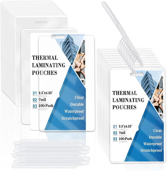 100 Pieces 7 Mil 2 1/2" x 4 1/4" Luggage Tag Laminating Pouches with Slot Hole Thermal Laminate Pouch Tags Kit Resealable for Work Permits Pass Cards Student ID Cards (100, 7 Mil)