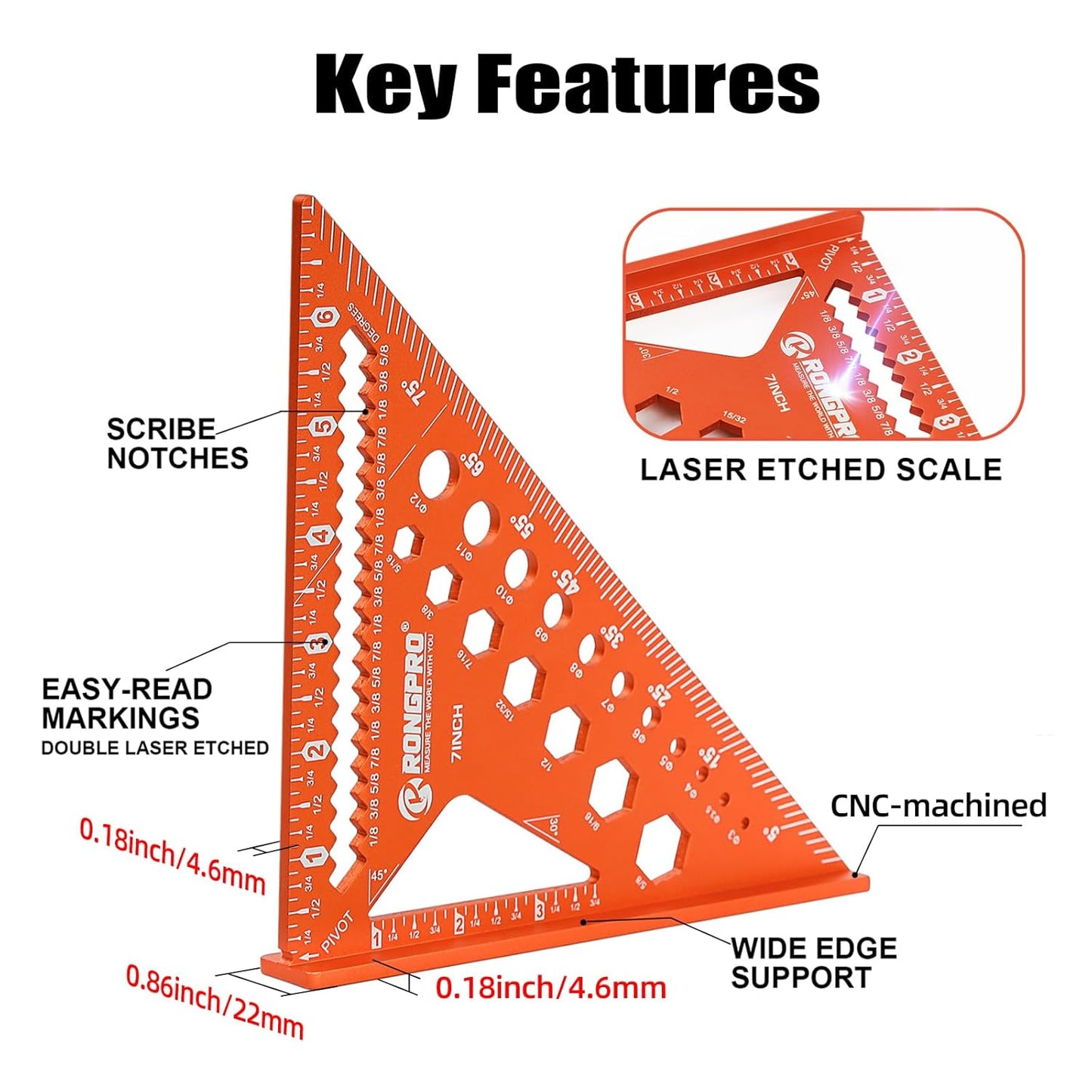 6-in-1 Carpenter Square 7 inch, Aluminum Rafter Square, Multi-Purpose Carpenter Tools : Wrench, Square, Protractor, Ruler, Marking Gauge, Drill Gauge, Includes 2pcs Carpentry Pencil (Champange)