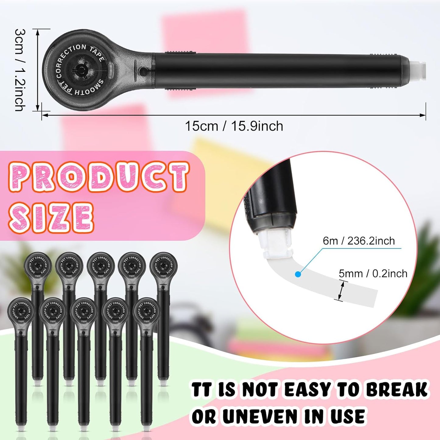 10 Pack Correction Tape Pen Correctional Ink Tape Push Pull Protective, Easy to Use Applicator for School Office Supplies, 0.2 x 236 Inch(Black Color)