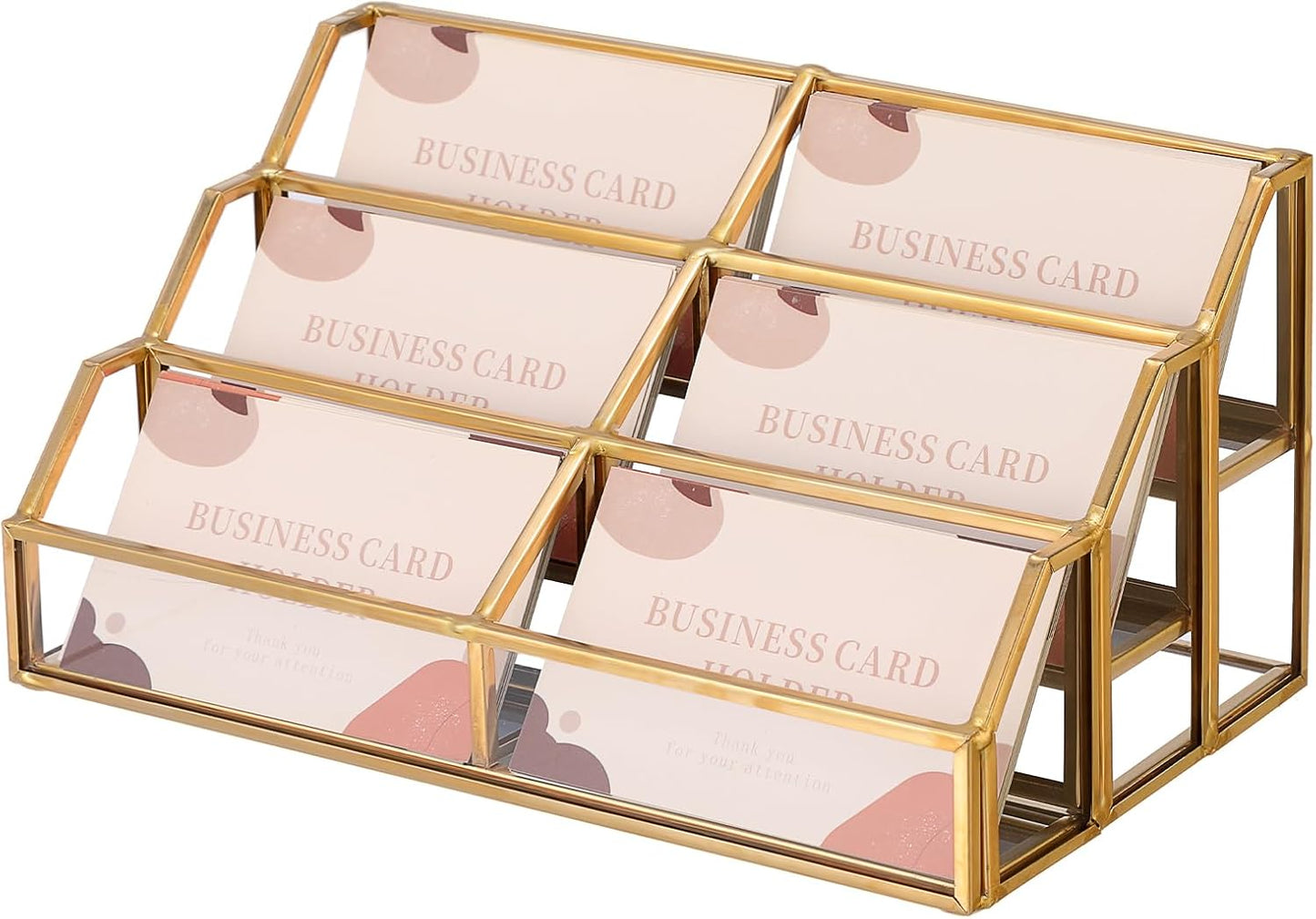 Hipiwe Gold Metal Desk Business Card Holder Glass Name Card Display Organizer 3 Tiers 6 Slot Business Card Stand for Exhibition Office Desktop