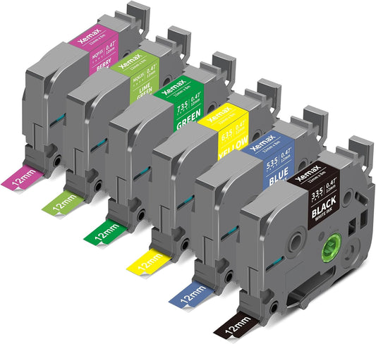 6X 12mm 0.47" Multi-Colored Label Tape Compatible for Brother P Touch Label Maker Tape Tze Tz 12mm 0.47 Ribbon Laminated Tz Colored Refills for PT-D220 D210 H110 1000 1280 D400, 1/2" x 26.2'