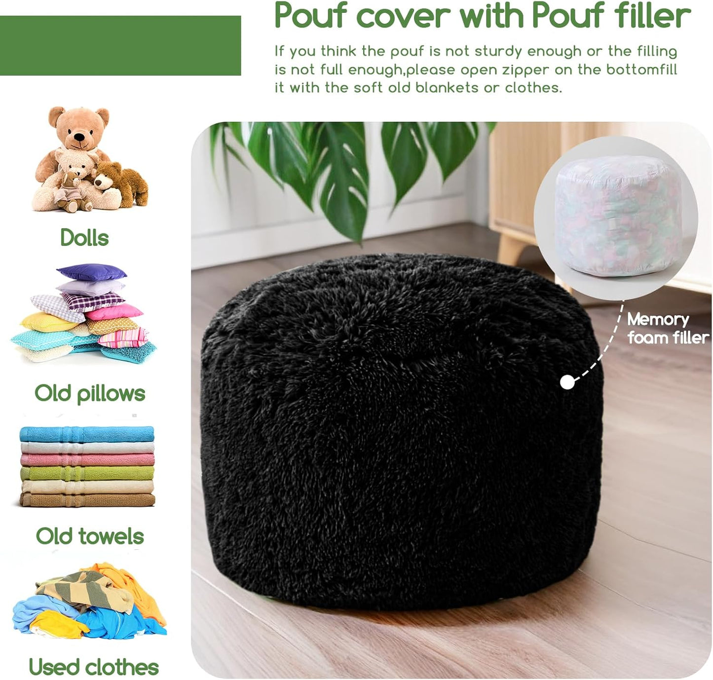 HIGOGOGO Round Stuffed Pouf Ottoman, Long Faux Fur Poufs with Foam Chunk Filling, Fluffy and Furry Pouf Foot Stool Storage Ottoman, 20 X 15 Floor Poufs Foot Rest for Living Room, Black