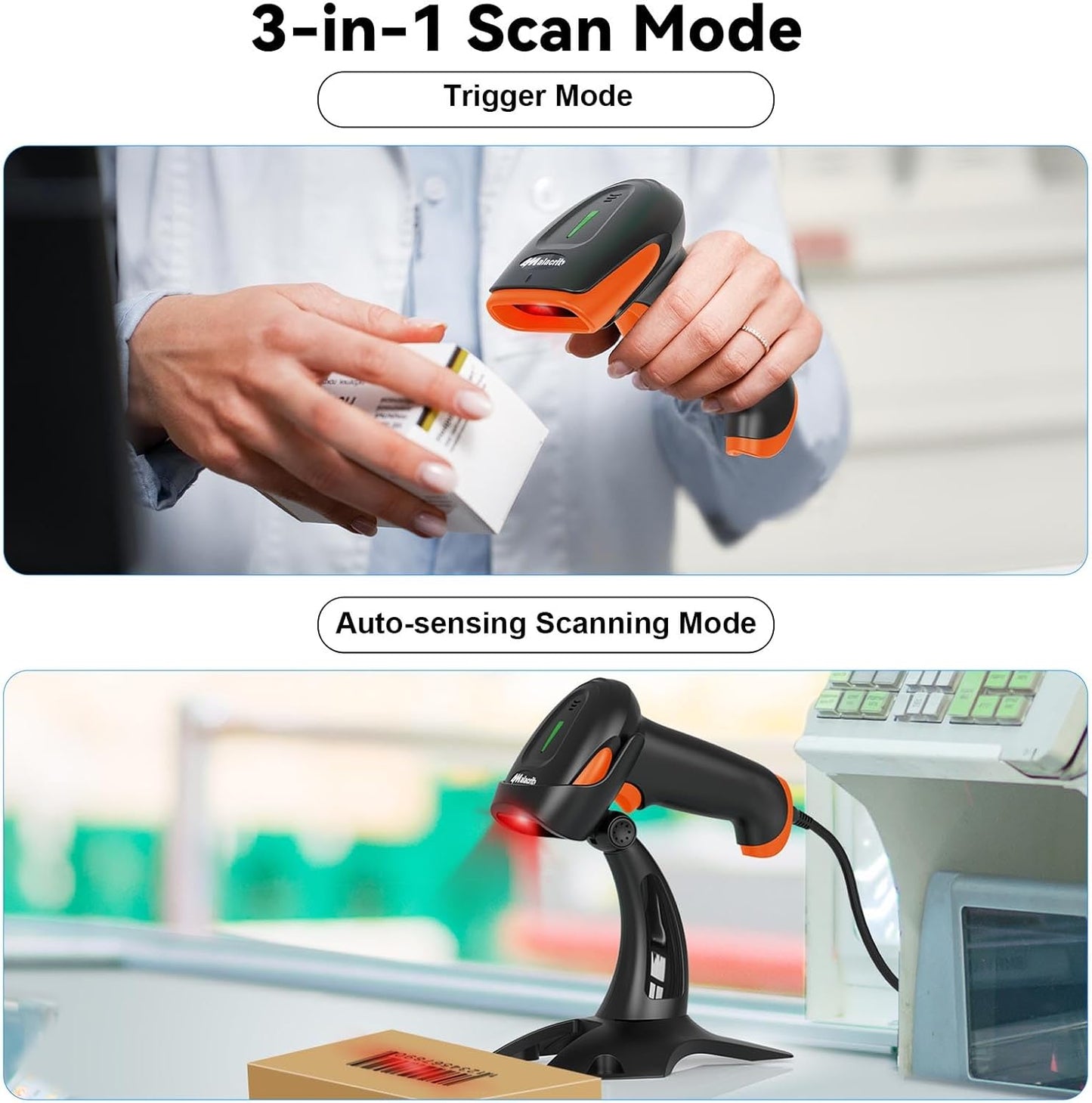 Alacrity 2D 1D Wireless Barcode Scanner with Stand, 3-in-1 Connectivity Bluetooth 2.4G Wireless USB Wired, Barcode Reader with Hands-Free Mode and Vibration Alert, Green