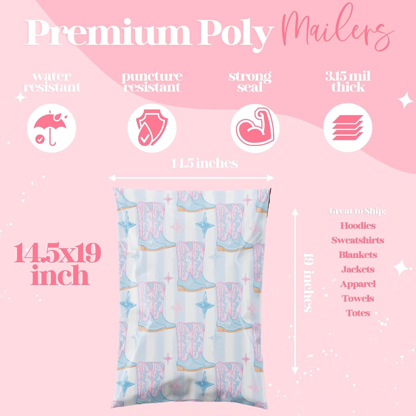 6x9 Designer Poly Mailer 100 Pack Heavy Duty Waterproof Self Seal Shipping Bags for Small Business Large Mailing Envelopes Bulk Tear Resistant Packaging Cowgirl Boots Western