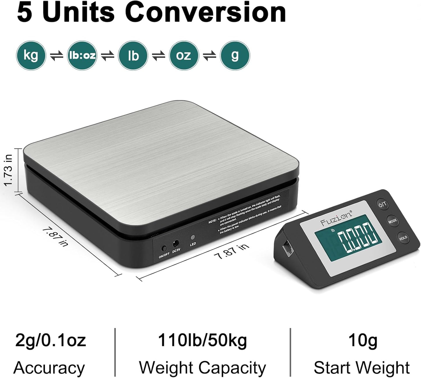 Fuzion Shipping Scale - Wireless Postal Scale 110LB x 0.1oz, Large LCD Display, 5 Units, Digital Scale for Packages - Dual Power Options (Batteries & Adapters)