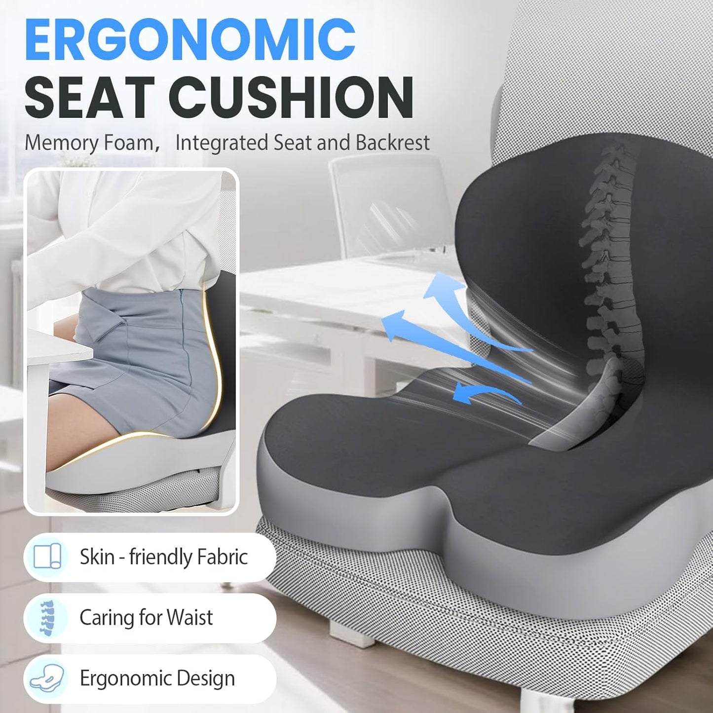 Back and Seat Cushion, 2025 New Ergonomic Non-Slip Memory Foam Seat Cushion with Back Support, L-Shaped Breathable Seat Cushions for Car, Office, Home (Mixed Gray)