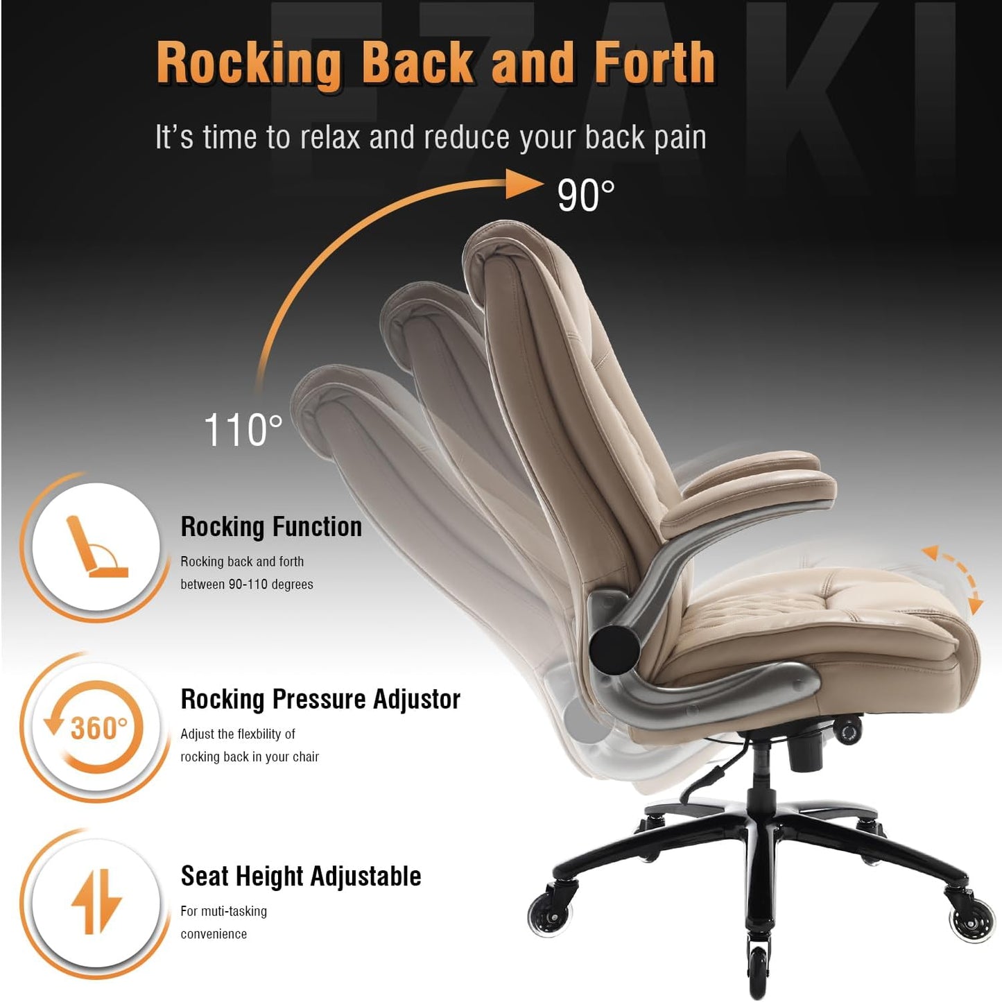 EZAKI High Back Office Chair-Flip-up Arms Executive Computer Desk Chair, Built-in Lumbar Support Thick Padded Adjustable Rock Tension Ergonomic Design for Back Pain