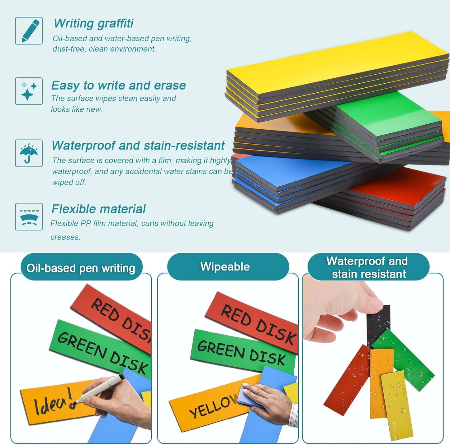 50 Pack Dry Erase Magnetic Labels 5 Colors Reusable Write On Magnets Sticker, Magnetic Blank Writable Erasable Cards Name Tags for White Board, Garage, Classroom, Home, Office, 2.4'' x 0.8''