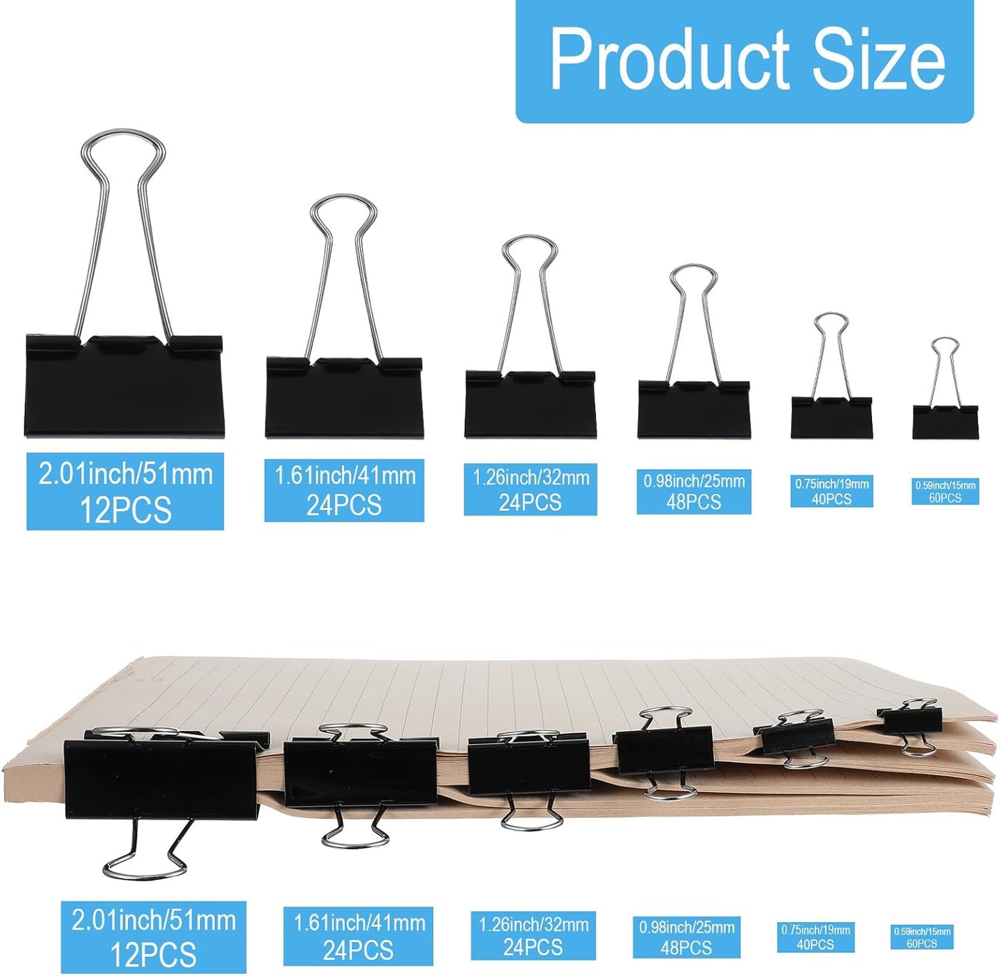 Binder Clips Assorted Sizes Including Extra Large Medium Small Mini and Micro, Office Supplies File Clamps Paper Clips, 6 Sizes in 6 Boxes, 208 PCS Metal Black Clamps for School