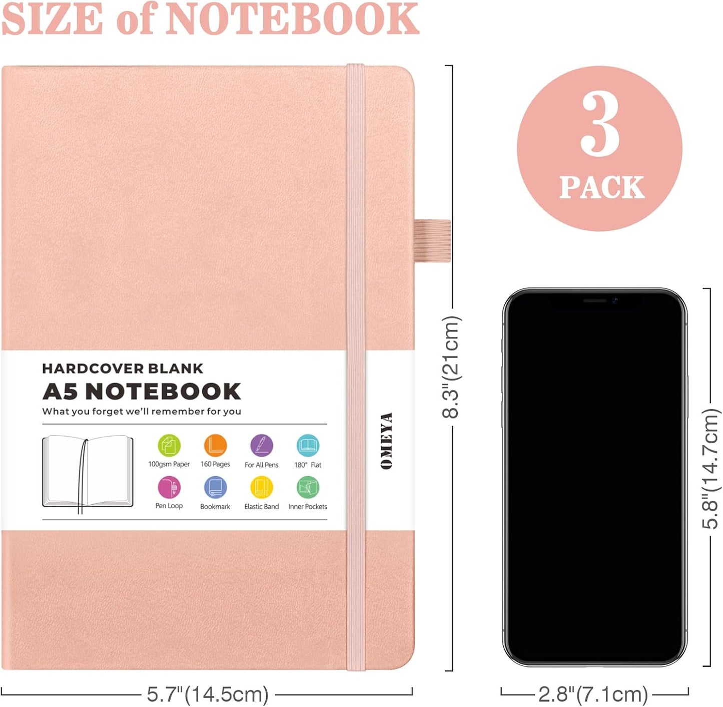 Blank Journal Notebook, 3 Pack A5 Sketch Book, Hardcvoer Sketchbook for Drawing with 100GSM Thick Paper, Leather Journal for Writing, Unlined Journal for Women, Men, School, 160 Pages, 5.7" x 8.4"