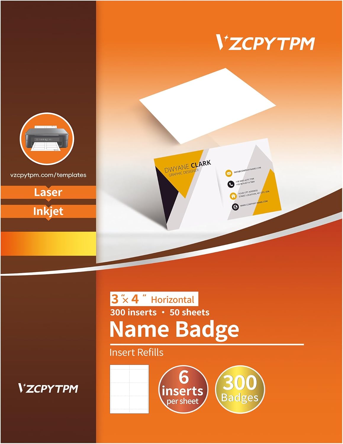 Customizable Name Badges Insert,3x4 Inch Horizontal,White Printable Name Tag Insert Refills for Name Tag Holder,Laser/Inkjet Printable,300 Total Badges Insert(No Clip)