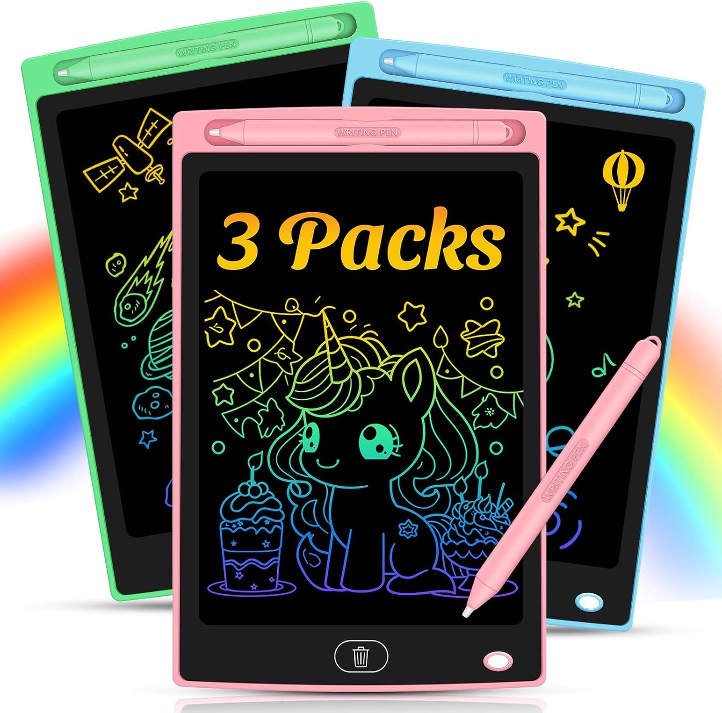3 Pack LCD Writing Tablet for Kids - Erasable and Reusable Toddler Doodle Board in 8.5 inch, Ideal Drawing Pad for Learning Toy for Ages 3-8, Gift for Girls Boys (3 Pack (Pink,Blue, Green))