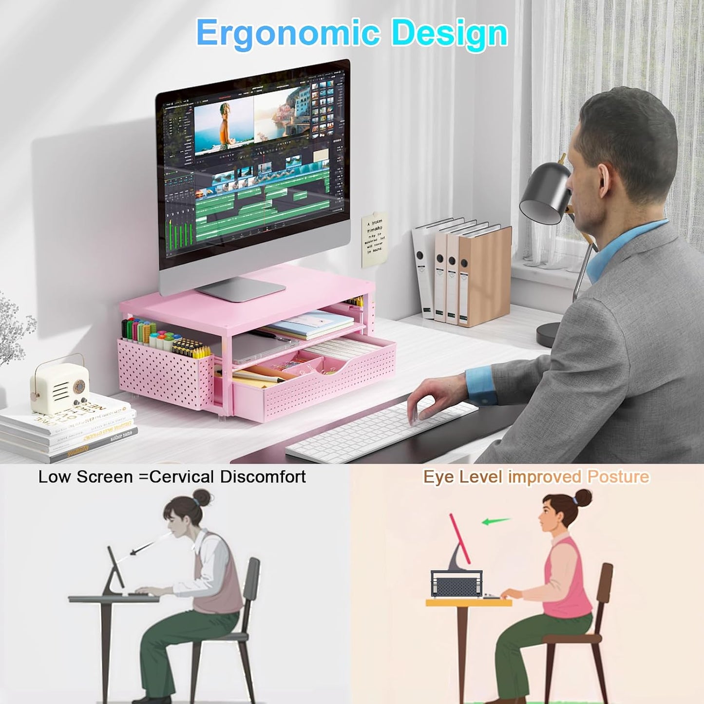 gianotter Wood Monitor Stand Riser, Desk Organizer with Drawer and 2 Pen Holders, 2-Tier Workspace Organizer for Office Supplies(Pink Wood)