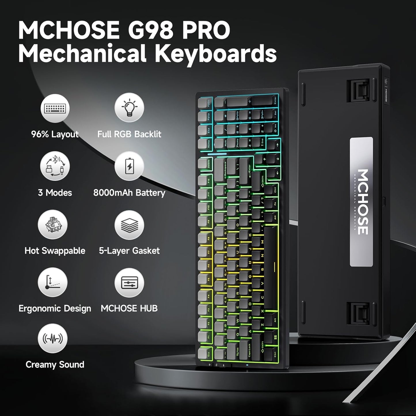 G98 PRO Wireless Mechanical Keyboard, Tri-Mode Connection Gaming Keyboard, Hot Swappable Custom Gasket Structure Pre-lubed Linear Switches Double Shot PBT Keycaps RGB LED Backlit Gradient Black