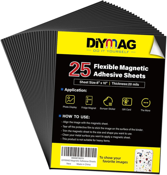 DIYMAG Magnetic Adhesive Sheets, |8" x 10"|, 25 Pack Magnetics Sheet with Adhesives Backing Flexible Magnet for Crafts, Photos and Die Storage, Easy Peel and Stick to Cut into Any Size