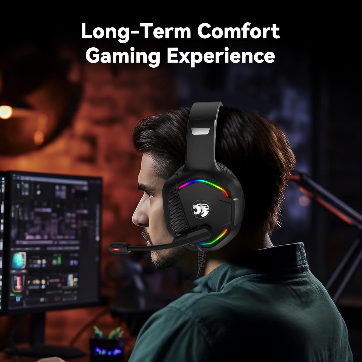 Gaming Headset with Microphone for Pc, Xbox One Series X/s, Ps4, Ps5, Switch, Stereo Wired Noise Cancelling Over-Ear Headphones with Mic, RGB, for Computer, Laptop, Mac, Nintendo, Gamer (Black)