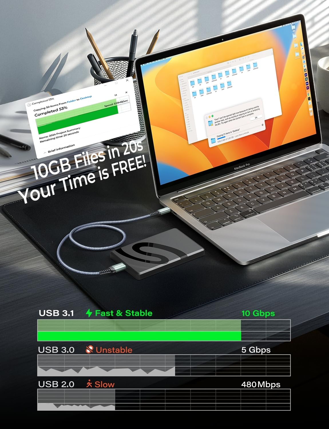 AINOPE External Hard Drive Cord 10Gbps Micro B to USB C External Hard Drive USB C to Micro B Cable Nylon Braided for MacBook Air/Pro, Seagate, WD Toshiba, SSD, iPhone, iPad, Camera, 1.6FT, Grey