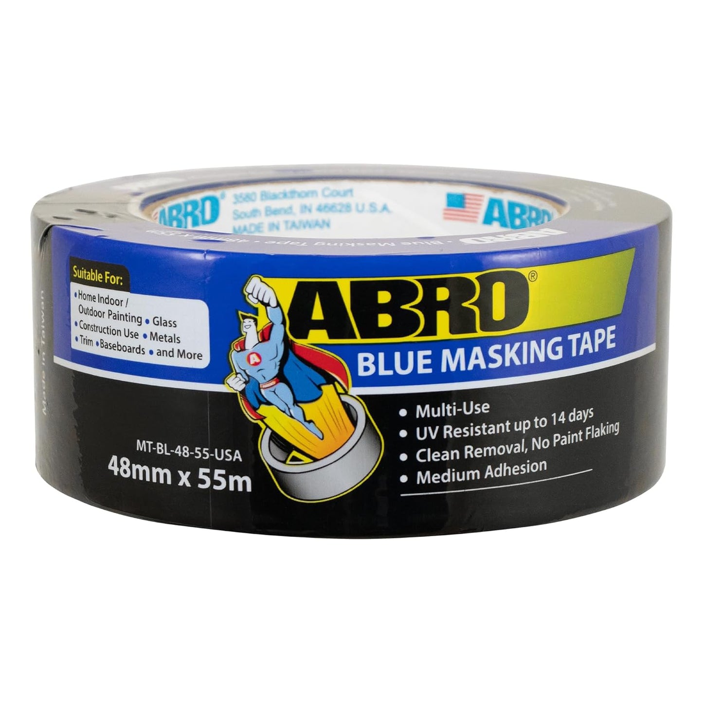 ABRO Blue Painters Tape 2 Inch Wide, 48mm x 55M, All Purpose Blue Tape, Temporary Labeling, Easy Tear, Clean Removal, Masking Tape Colored DIY or Pro