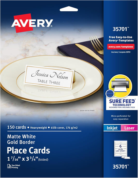 Avery Printable Place Cards with Sure Feed Technology, 1-7/16" x 3-3/4", White with Gold Border, 150 Blank Tent Cards for Laser or Inkjet Printers (35701)