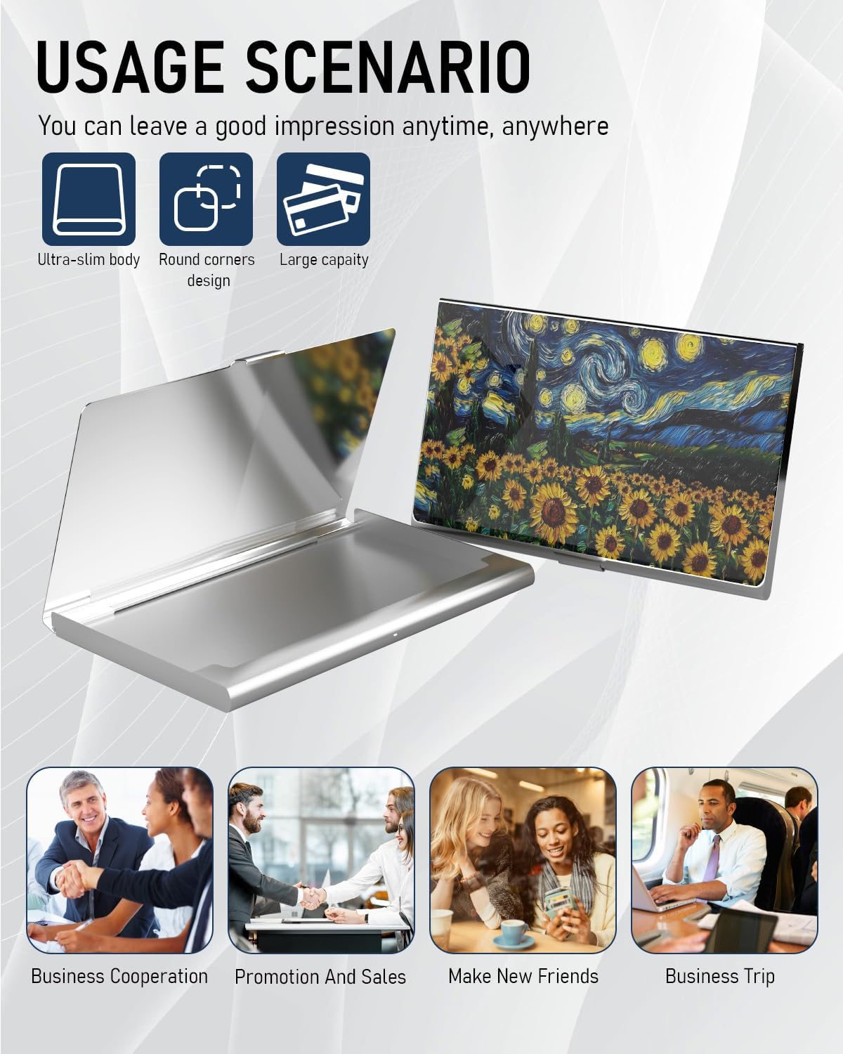 Business Card Metal Slim Organizer, Professional Stainless Steel Square Pocket Wallet for Office Workers, Compact and Portable for Pockets (Starry Sunflowers A)