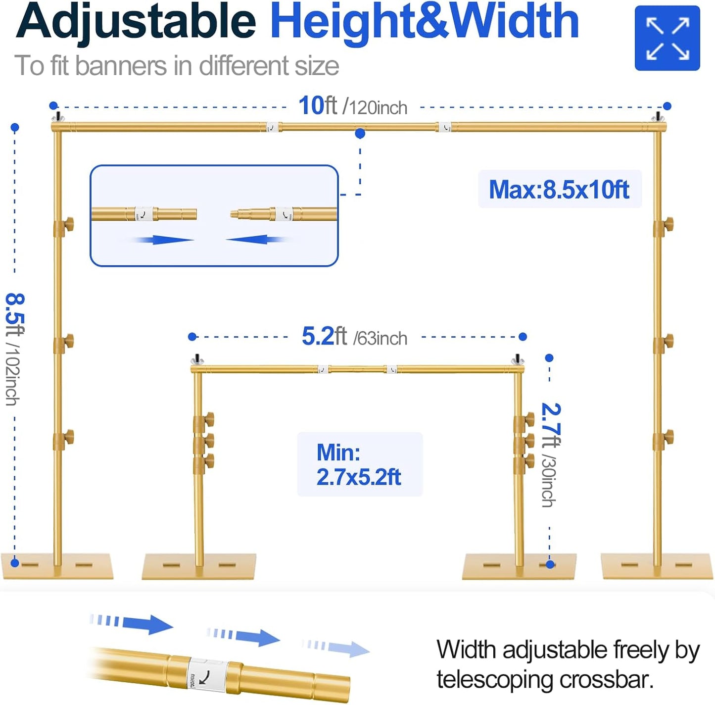 EMART Backdrop Stand, 8.5x10ft Width Adjustable Photography Background Support Poles with Heavy Duty Flat Base, Photo Metal Steel Pipe and Drape Frame Kit for Parties Birthday Wedding - Gold