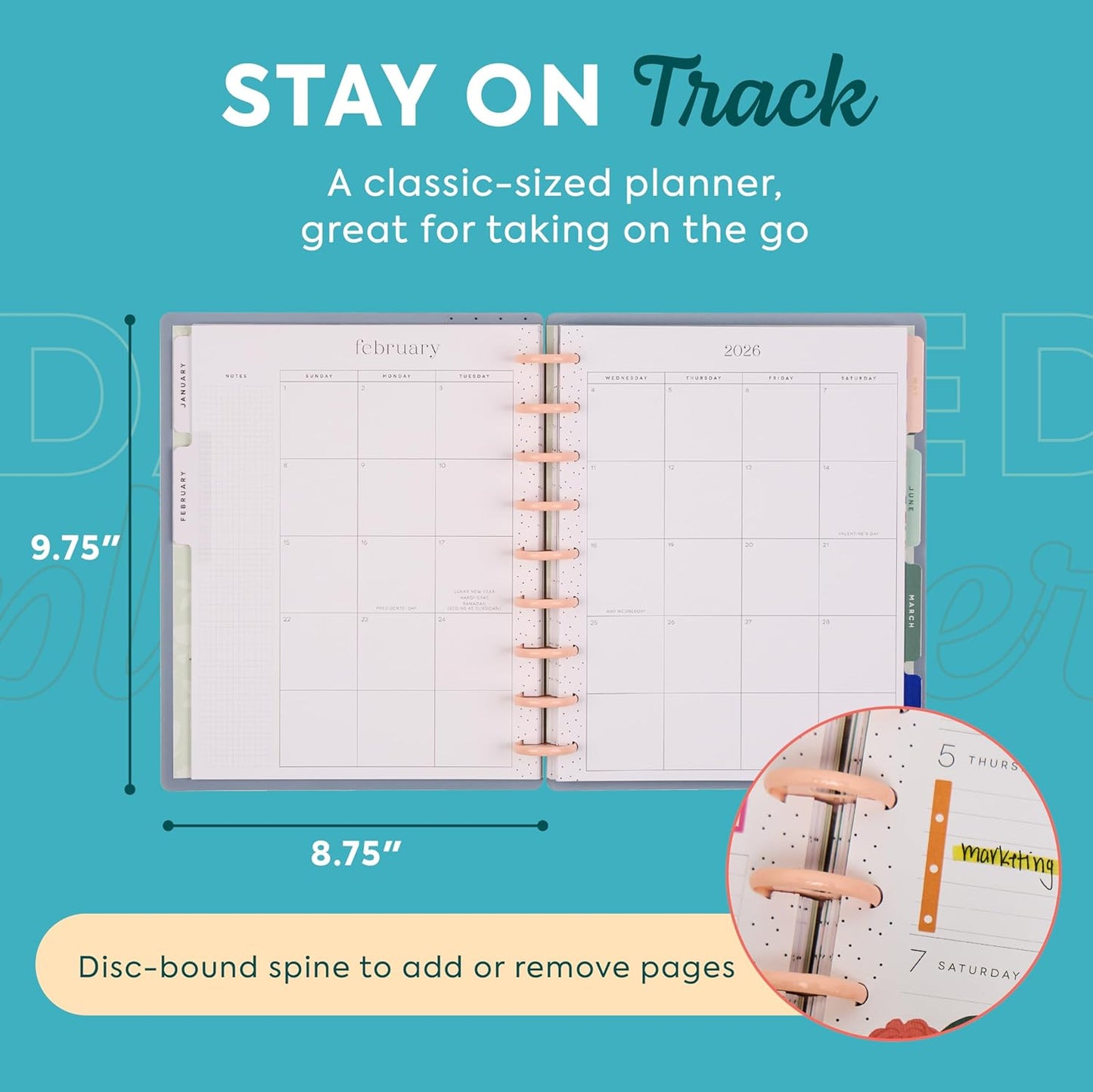 Happy Planner Disc-Bound Planner Jan.–Dec. 2026, Includes 3 Extra Months and 2 Sticker Sheets, Classic Size, 7" x 9.25", Dashboard Layout, Happy Poppies