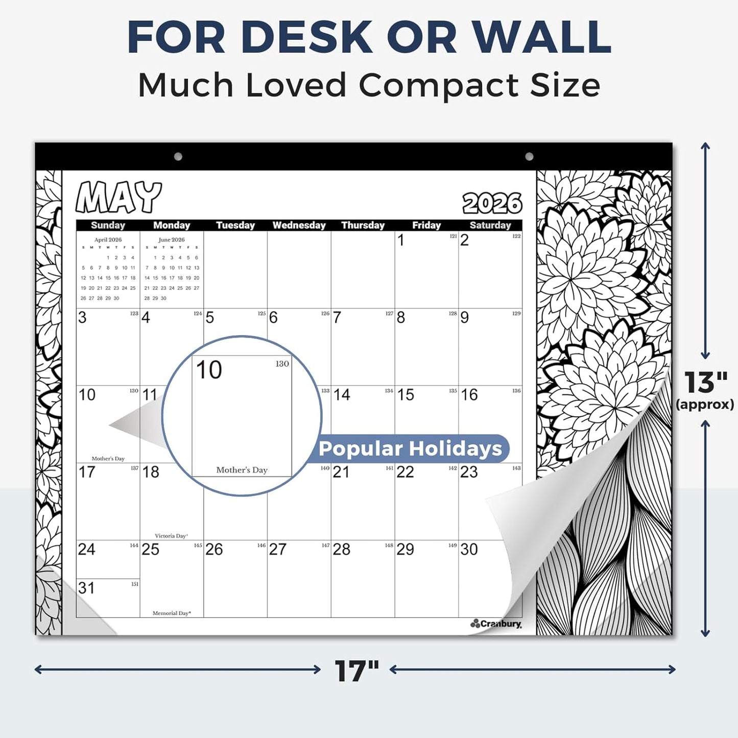 CRANBURY Coloring Desk Calendar 2026, 13.25x17" Doodle Deskpad Calendar or Large Hanging Wall Planner, Includes Planner Stickers, 14 Months, Use Nov 2025 to Dec 2026
