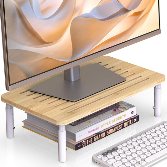 Bamboo Monitor Stand Riser, 4 Adjustable Height, Laptop Stand with Airflow Vents, Desk Organizer for Computer, PC, Printer (Natural)