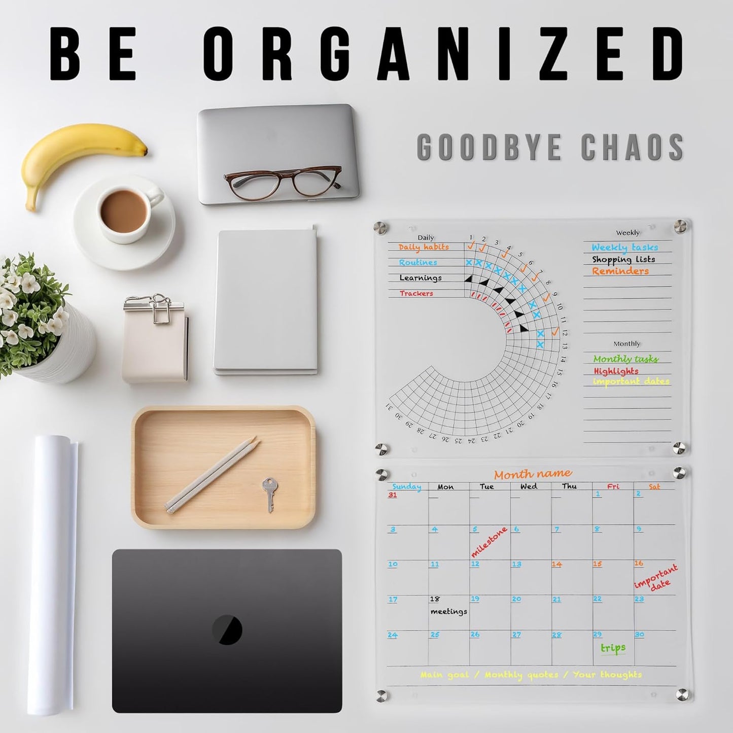 Acrylic Calendar and Habit Tracker Set - Magnetic Acrylic Calendar for Fridge - Clear Magnetic Planner for Refrigerator - Clear Dry Erase Board for Wall with pens, holder, eraser - The Goal Tracker