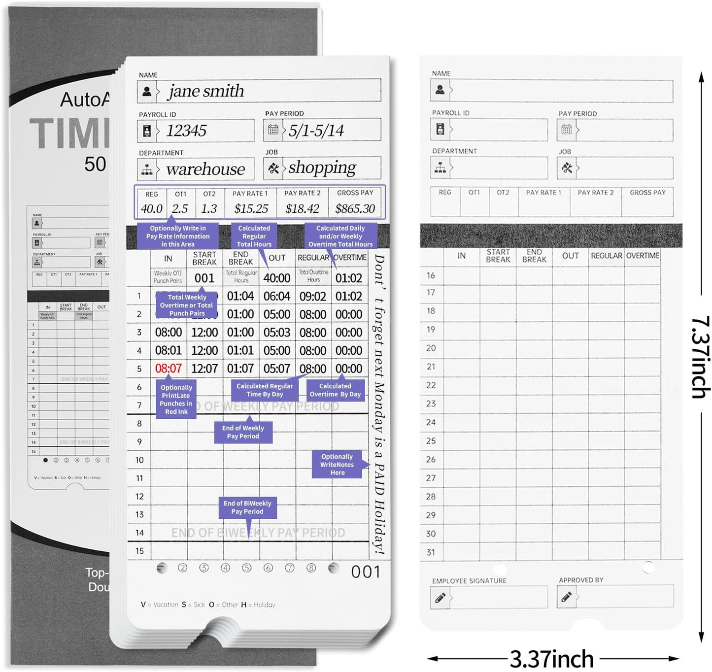100 Time Cards for HN4000 AutoAlign Calculating Time Clocks
