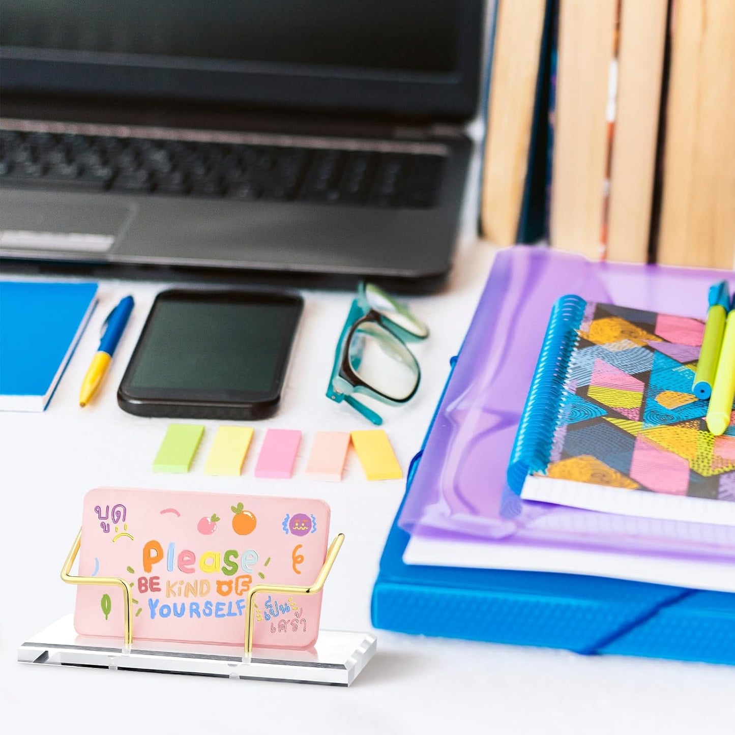 Amyhill 2 Pieces Acrylic Business Card Holder for Desk Clear Horizontal Business Card Display Stand Postcard Holder for Office Home Desktop (Gold)