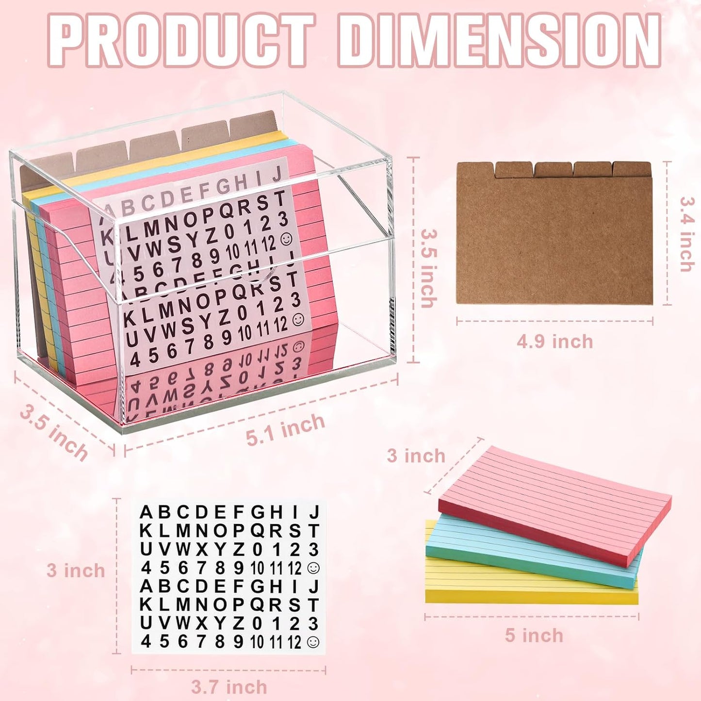 DLUGOPIS 3x5 Rose Gold Index Card Organizer Recipe Card Box Acrylic Flash Card Holder Index Card Box with Mirro Base 150 Ruled Lined Index Cards 30 Kraft Dividers Stickers For Holds 400 Note Cards