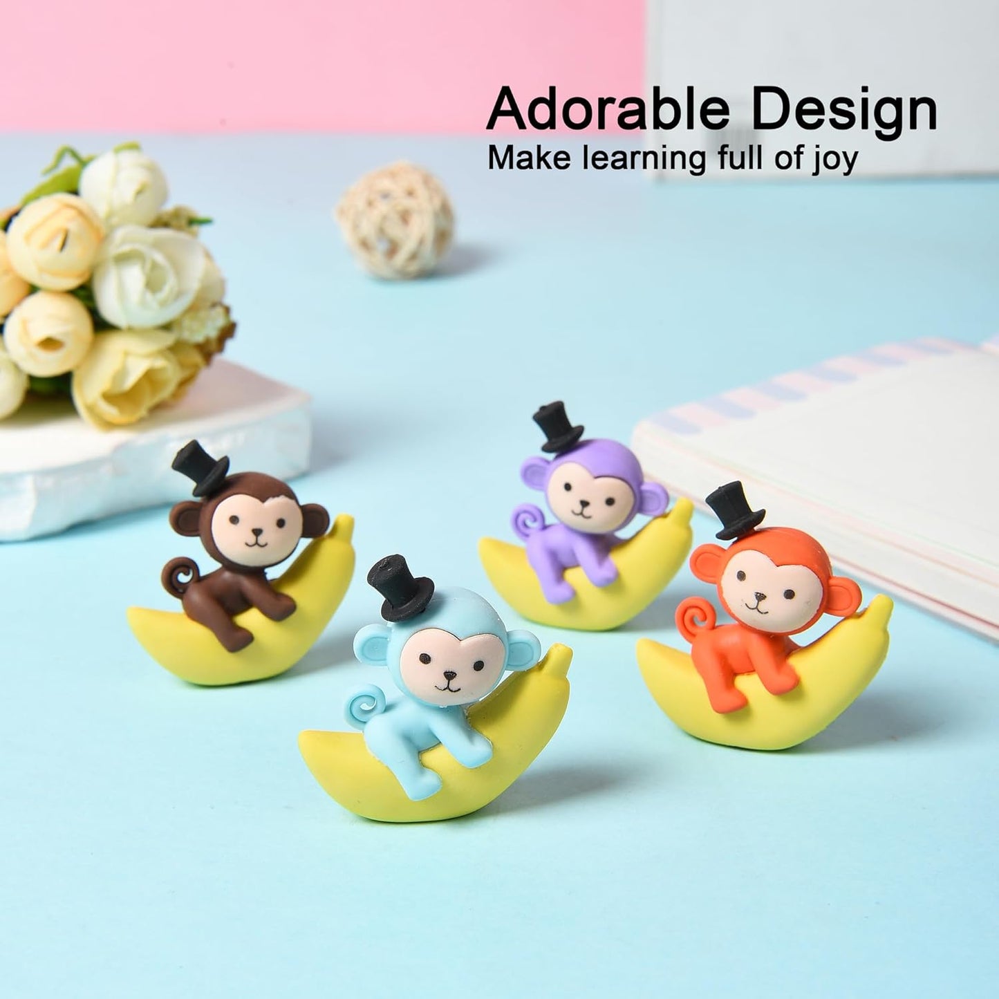 16Pcs Pencil Top Erasers for Kids, 3D Cute Monkey Pencil Toppers, Bulk Fun Pencil Cap Easters for School Classroom Supplies Prize Gifts Party Favors