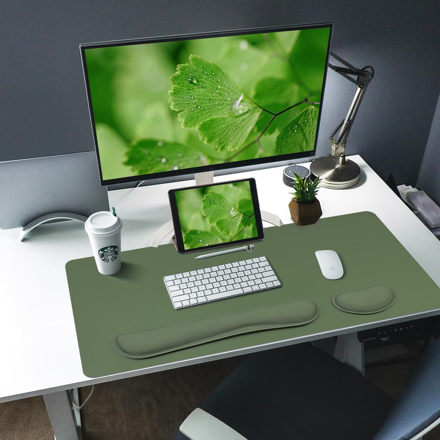 Bloss Keyboard Wrist Rest + Mouse Wrist Rest + Leather Desk Mat, Non-Slip Desk Mat Protector for Office, Home(31.5×15.7 Inches,Olive Green)