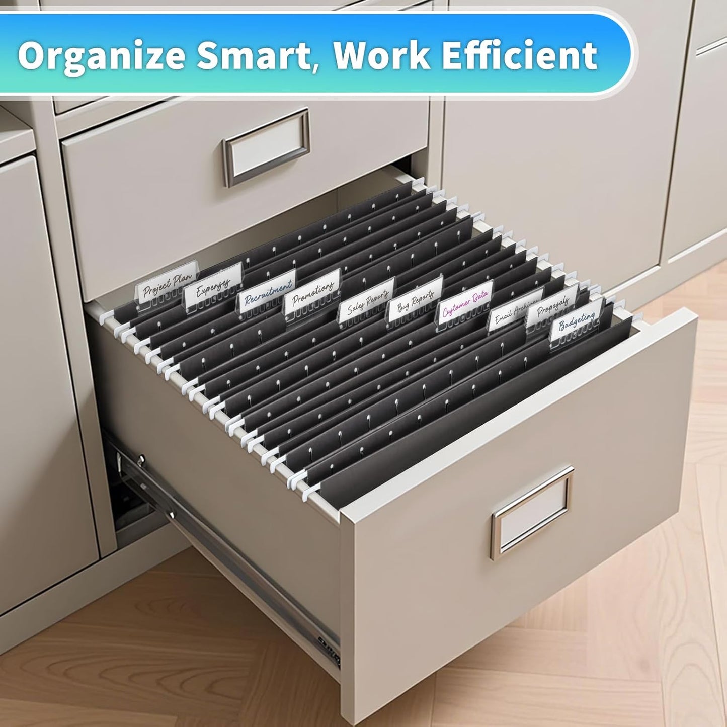 25-Pack Black Hanging File Folders, Letter Size (8.5" x 11Inch), Includes 35 Transparent Label Cards & 50 Sticker Labels,1/5-Cut Tabs for Home & Office Organization