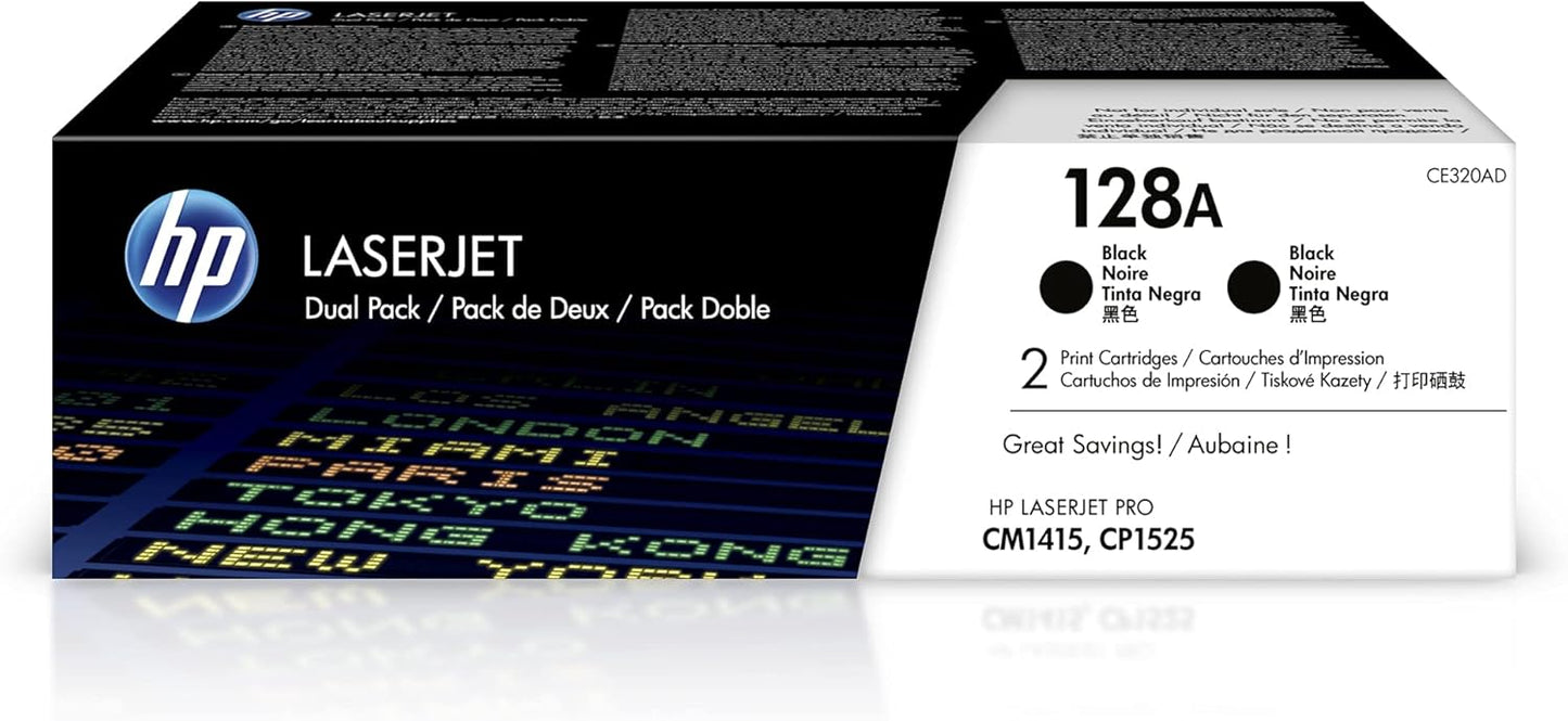 HP Original 128A Black Toner Cartridges (2-pack) | Works with LaserJet Pro CM1415 Color, CP1525 Color Series | CE320AD