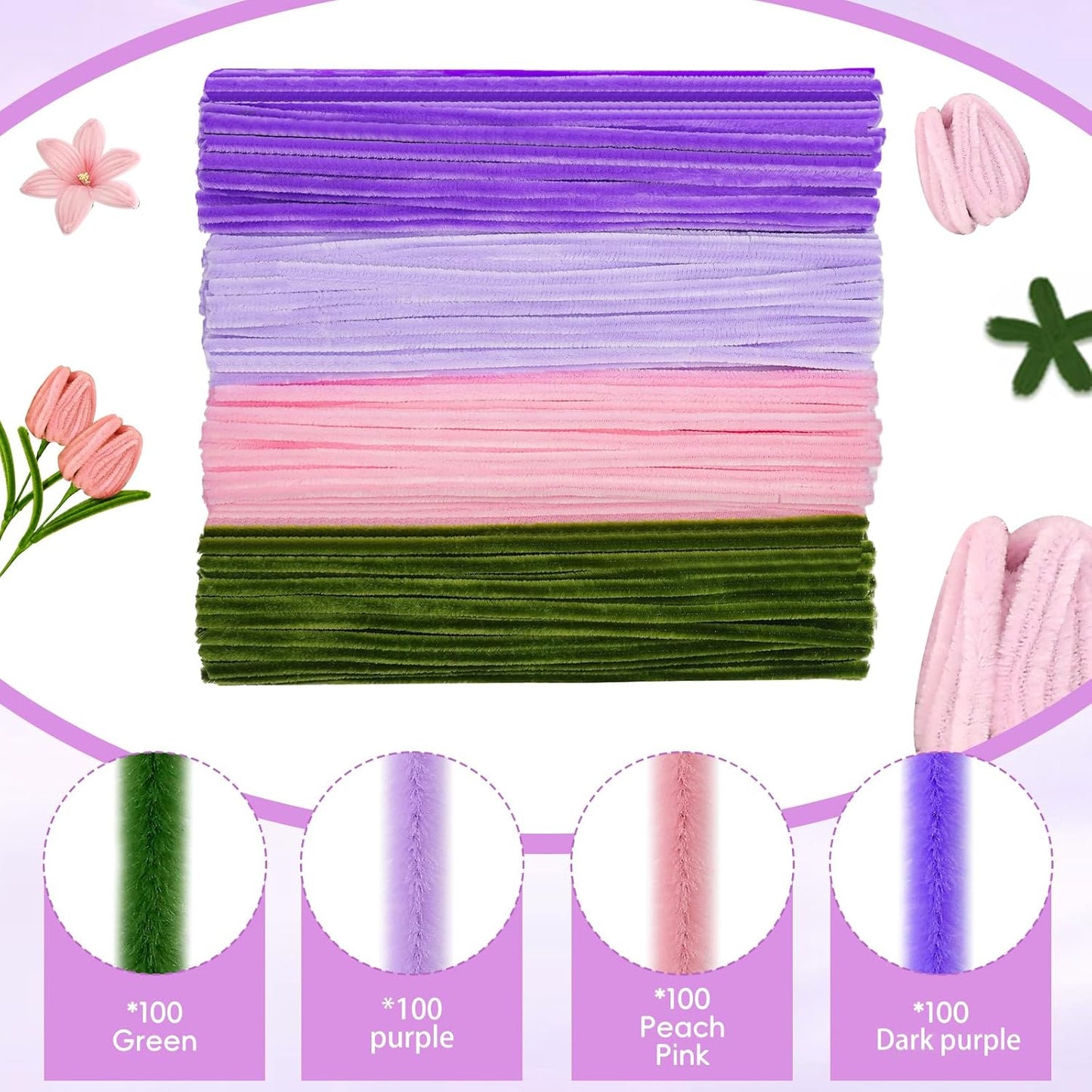 400 Pcs Chenille Stems Flowers Craft Kit,4 Colors Pipe Cleaners Bulk for DIY Floral Arrangements with Floral Wires, Gardening Tape,Hot Glue Stick,Greeting Card,Bouquet Paper, Stamen & Ribbon