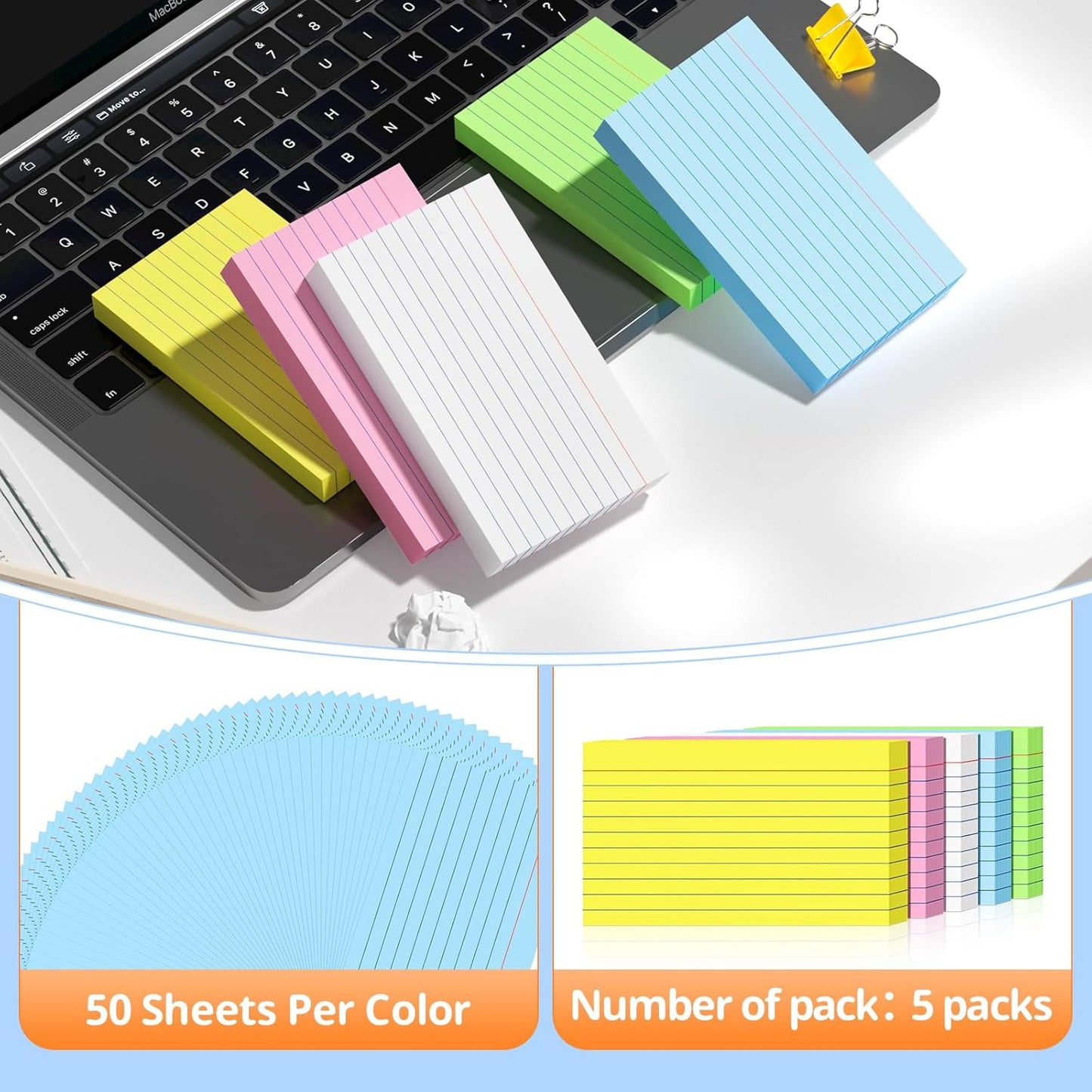 Colored Index Cards 3 X 5, 250 Count, Flash Cards For Studying, Lined Flashcards Notecards, Study Card, Ruled Front And Blank Back, Heavy Note Cards For Office, Home And School