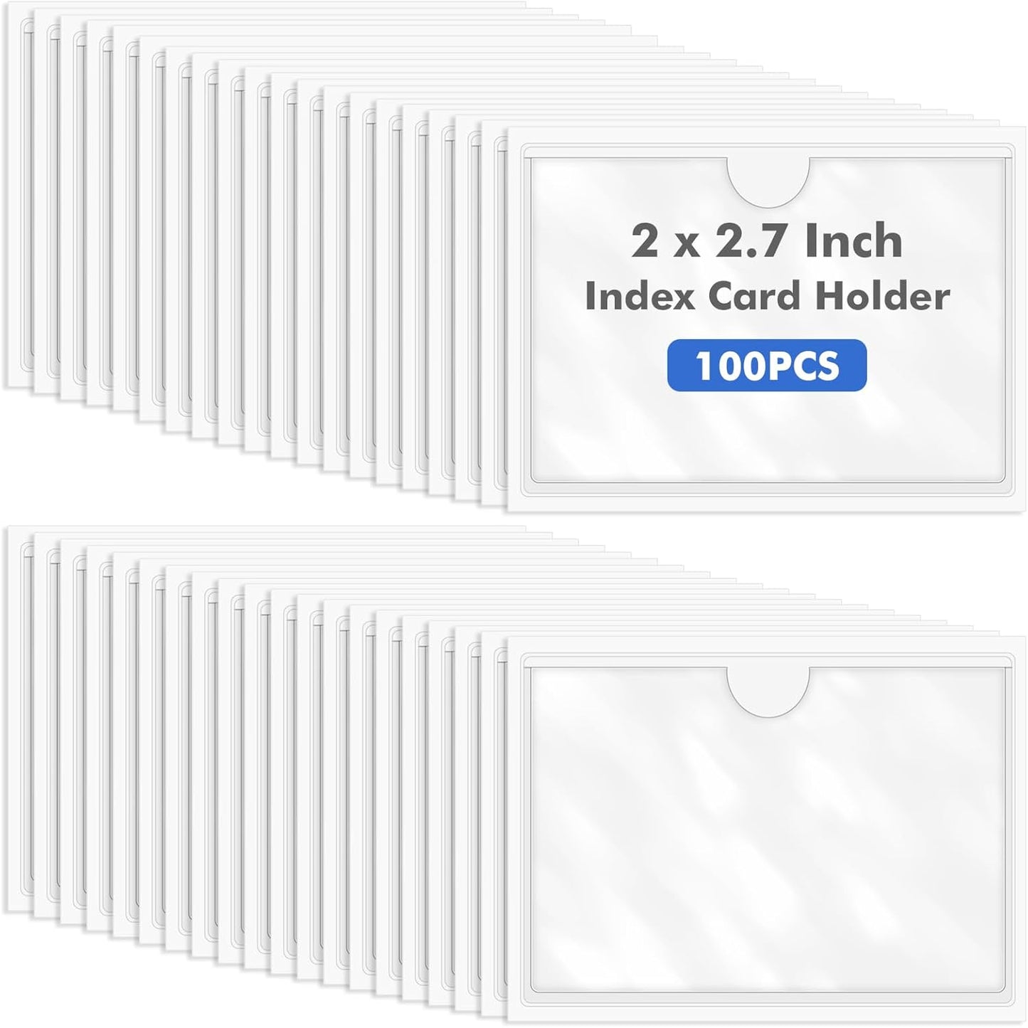 Circloophs 100 Packs Self Adhesive Index Card Pockets with Index Card, 1.9”x 2.7” Adhesive Label Holders – Plastic Clear Adhesive Label Pockets for Storage Bins, Locker, Shelves, Library, Office