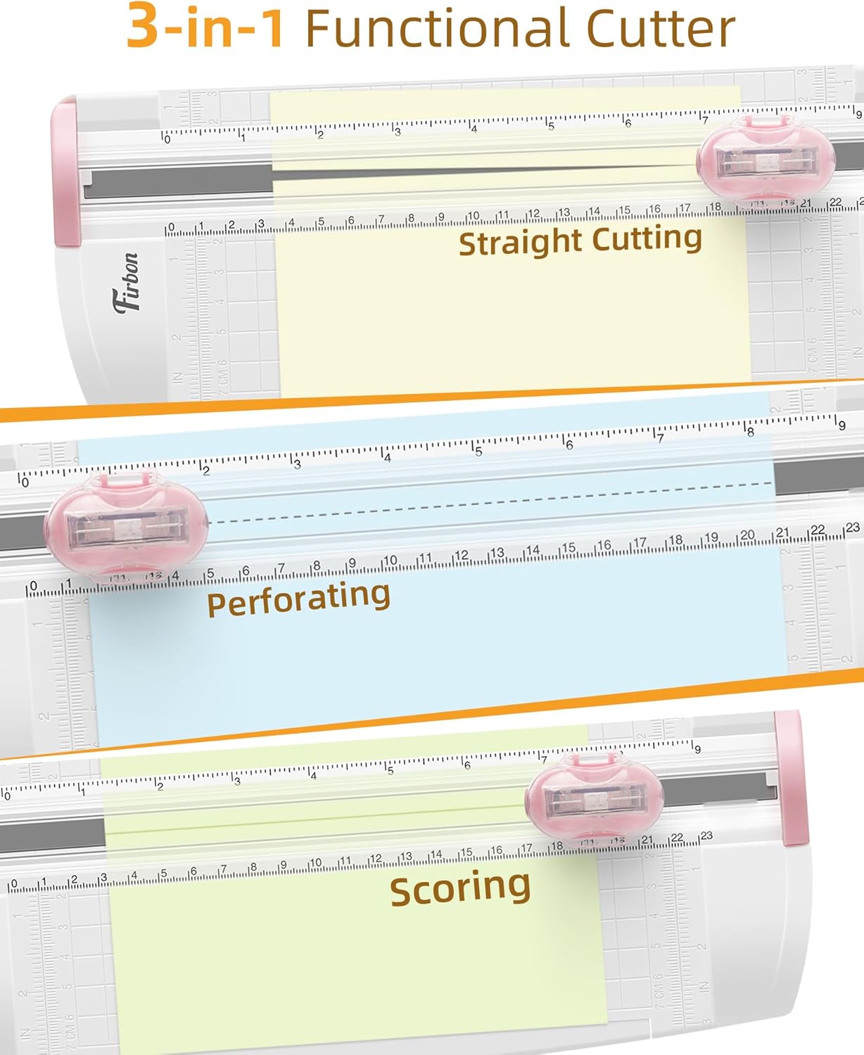Firbon 3-in-1 Paper Cutter, 9" Compact A5 Paper Trimmer with Straight Cut, Scoring & Perforating Blades for Cardstock, Scrapbooking, Crafting, Labels & Home Office (Pink)